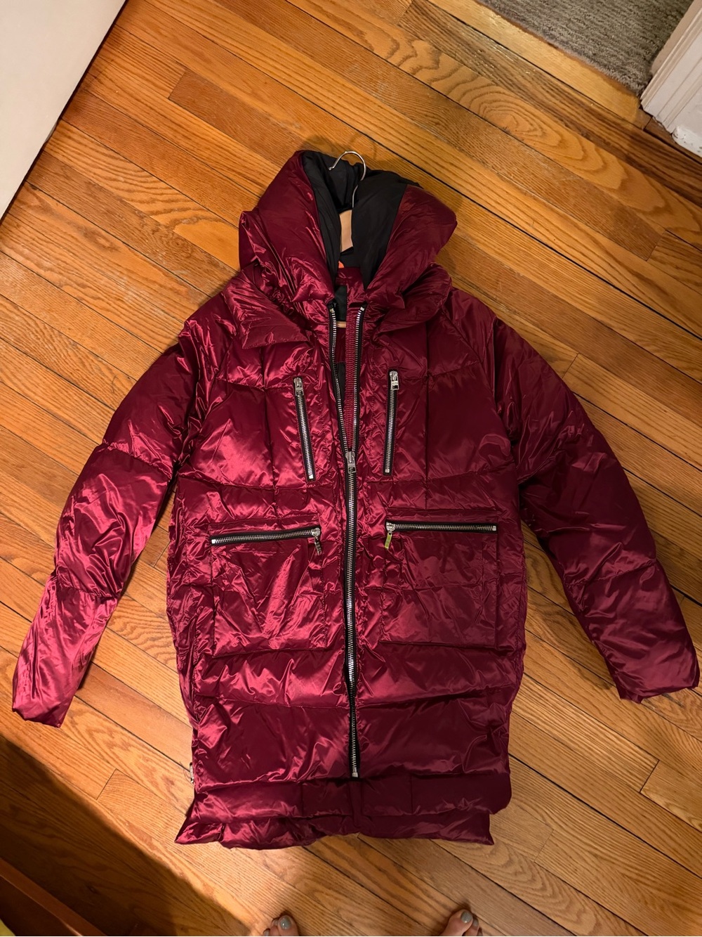 Women's Long Quilted Puffer Coat in Burgundy with Hood
